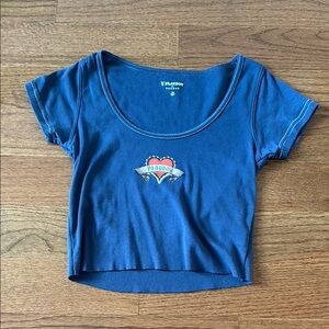 Playboy navy blue short sleeve scoop neck graphic crop tee